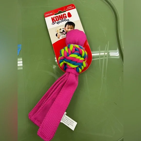 Small Kong Wubba Tug Toy in Bright Pink with Multicolor Braided Knot - Picture 3 of 4